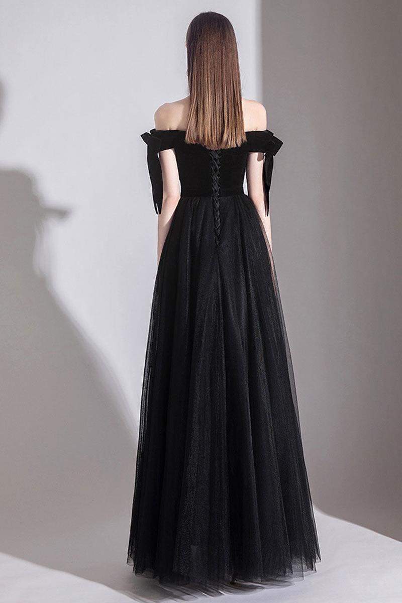 Black Velvet Formal Dress Off the Shoulder Tulle Long Evening Dress