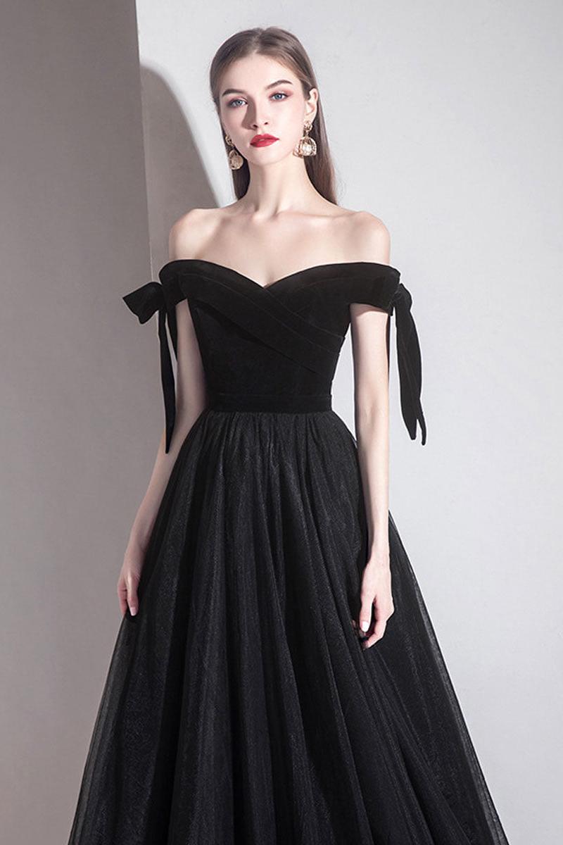 Black Velvet Formal Dress Off the Shoulder Tulle Long Evening Dress