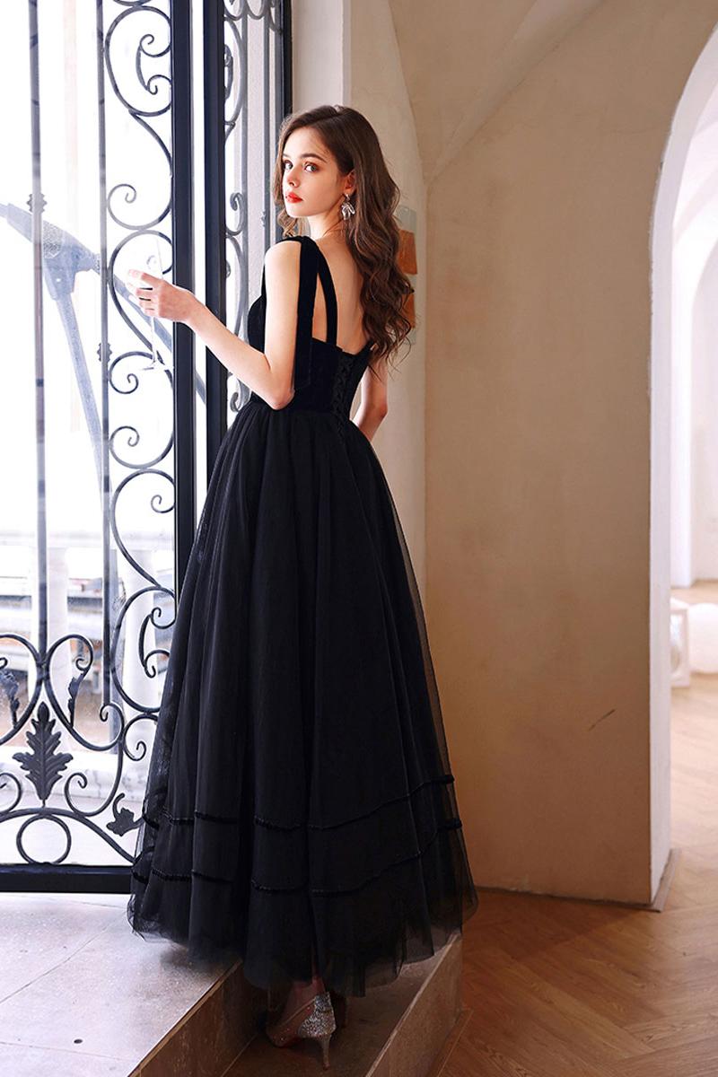 Black Velvet Formal Dress Sweetheart Neck Tulle Long Evening Dress