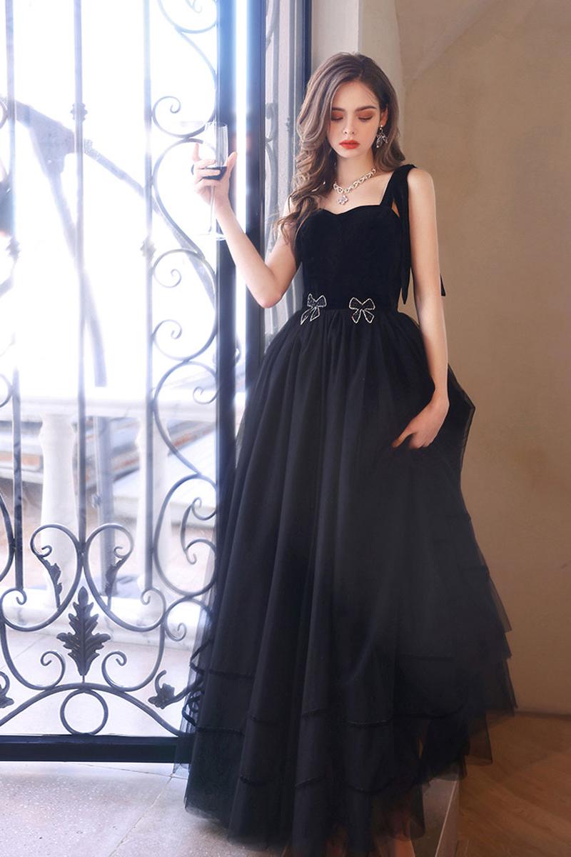 Black Velvet Formal Dress Sweetheart Neck Tulle Long Evening Dress
