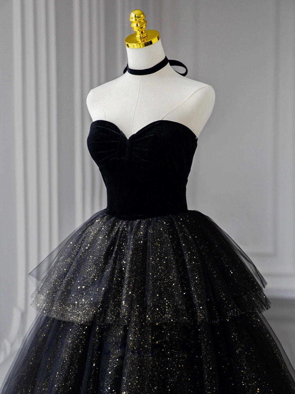 Black Velvet Formal Dress Sweetheart Neck Tulle Long Evening Dress