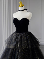Black Velvet Formal Dress Sweetheart Neck Tulle Long Evening Dress