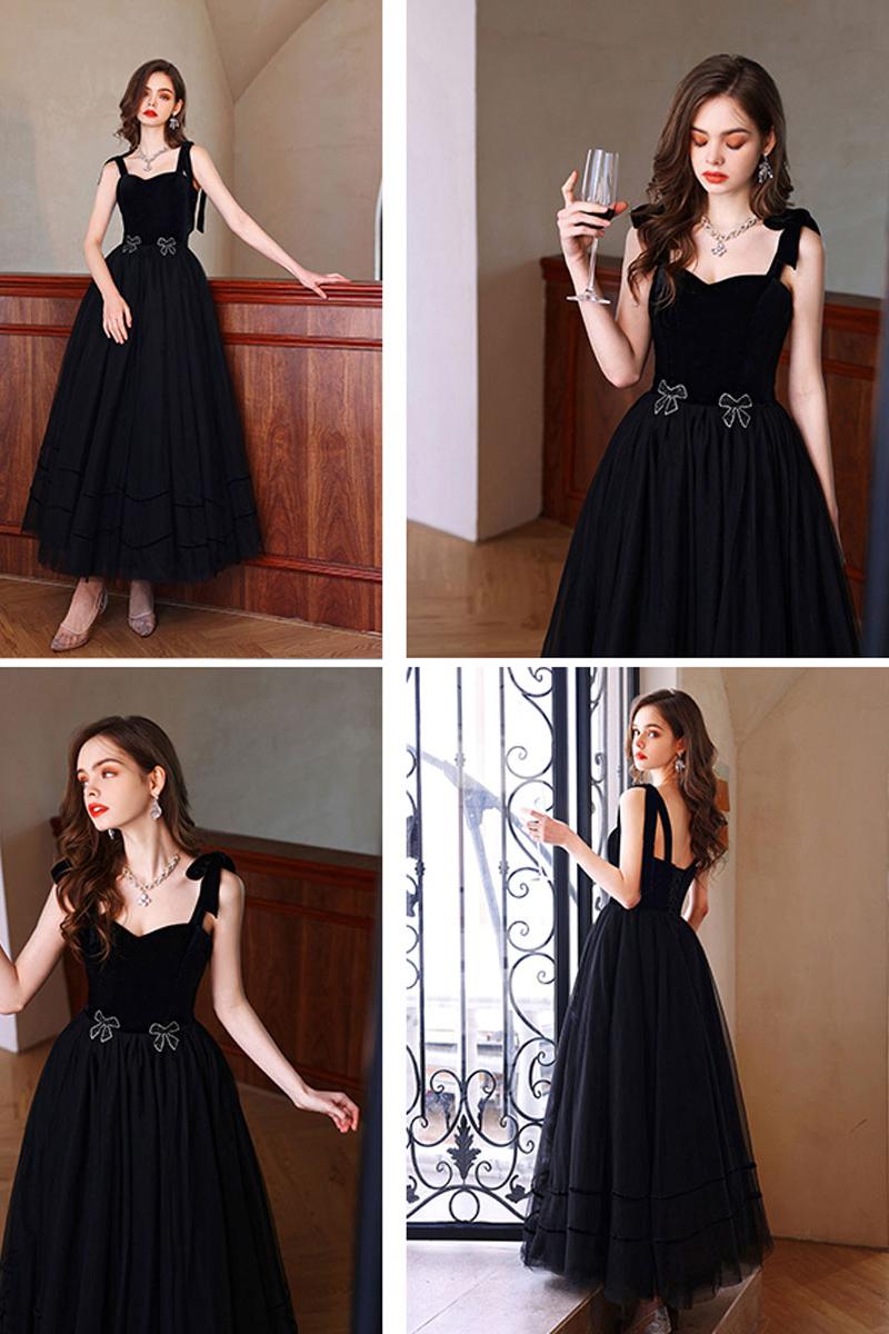 Black Velvet Formal Dress Sweetheart Neck Tulle Long Evening Dress