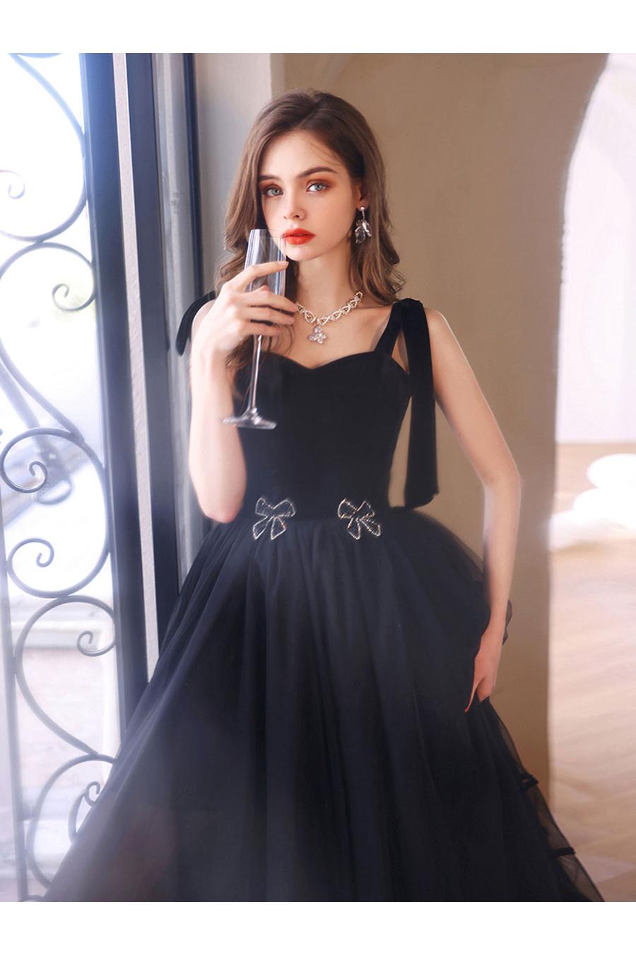 Black Velvet Formal Dress Sweetheart Neck Tulle Long Evening Dress