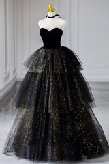 Black Velvet Formal Dress Sweetheart Neck Tulle Long Evening Dress