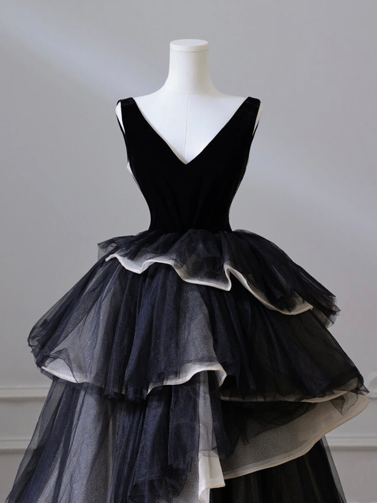 Black Velvet Formal Dress V Neck Tulle Long Evening Dress