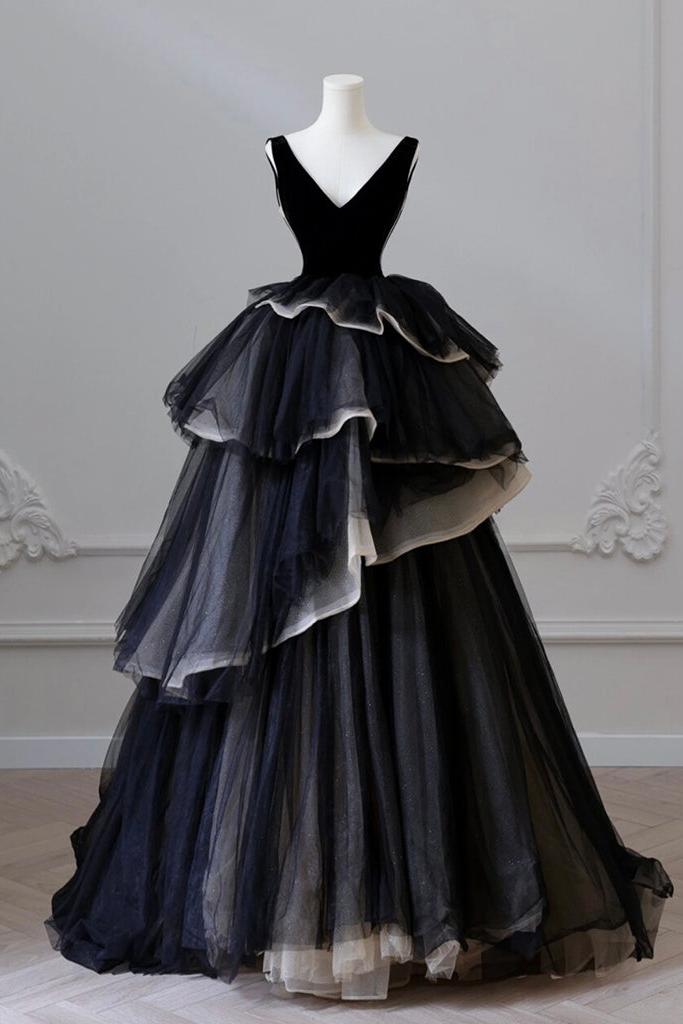 Black Velvet Formal Dress V Neck Tulle Long Evening Dress