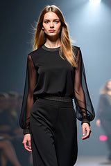 Black Wedding Guest Dress Casual Fashion Jumpsuit With Chiffon Sleeves