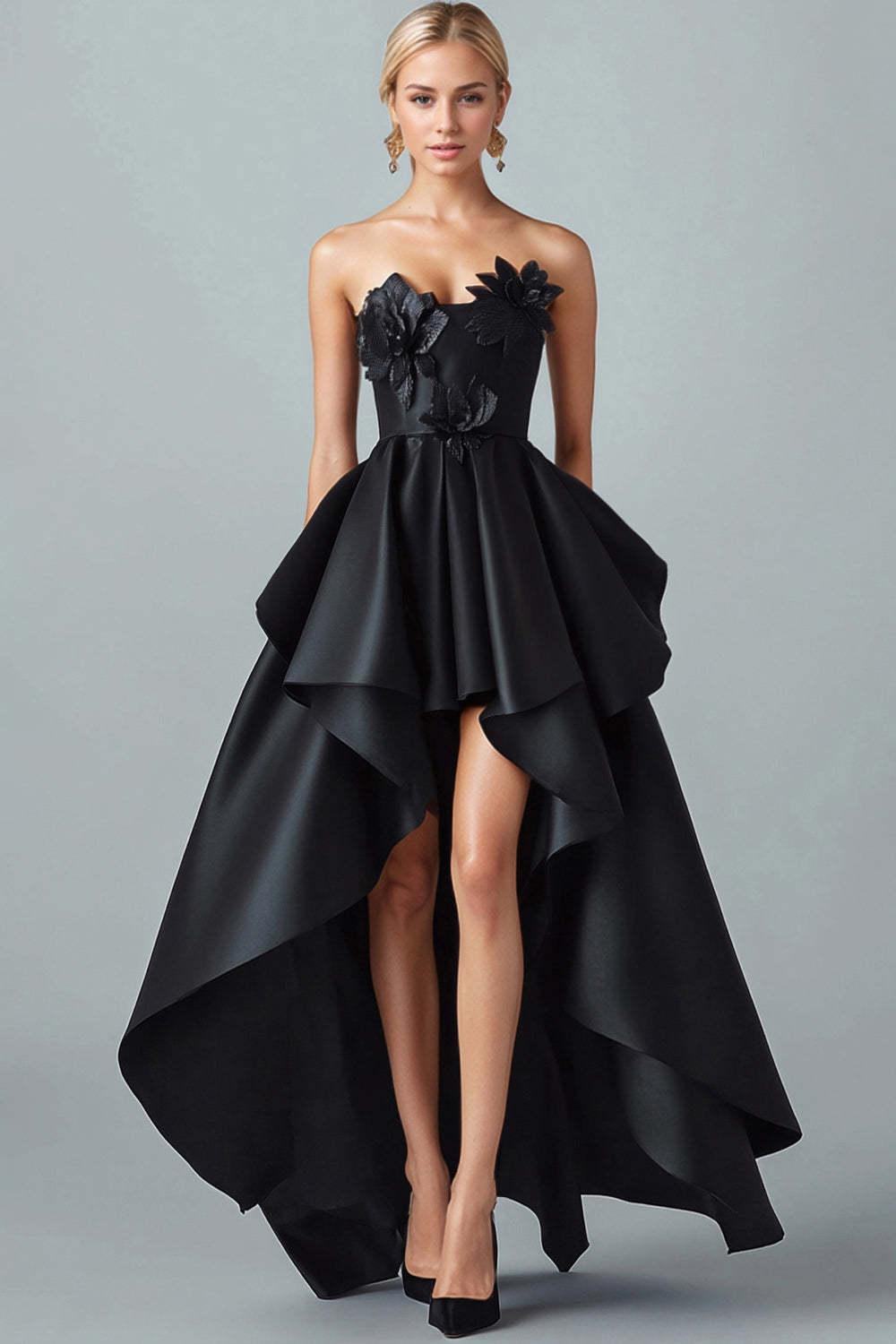 Black Wedding Guest Dress High-Low A-Line Strapless 3D Flowers Satin Formal Dress With Ruffles