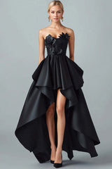 Black Wedding Guest Dress High-Low A-Line Strapless 3D Flowers Satin Formal Dress With Ruffles