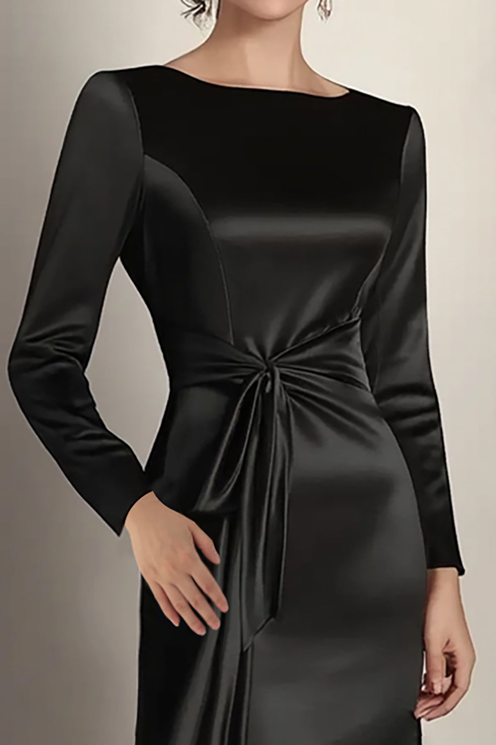 Black Wedding Guest Dress Mermaid Long Sleeves Satin Ruched Long Formal Dress