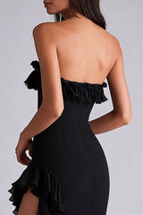 Dressystars Black Wedding Guest Dress Tiered Strapless Long Chiffon Formal Dress With Slit