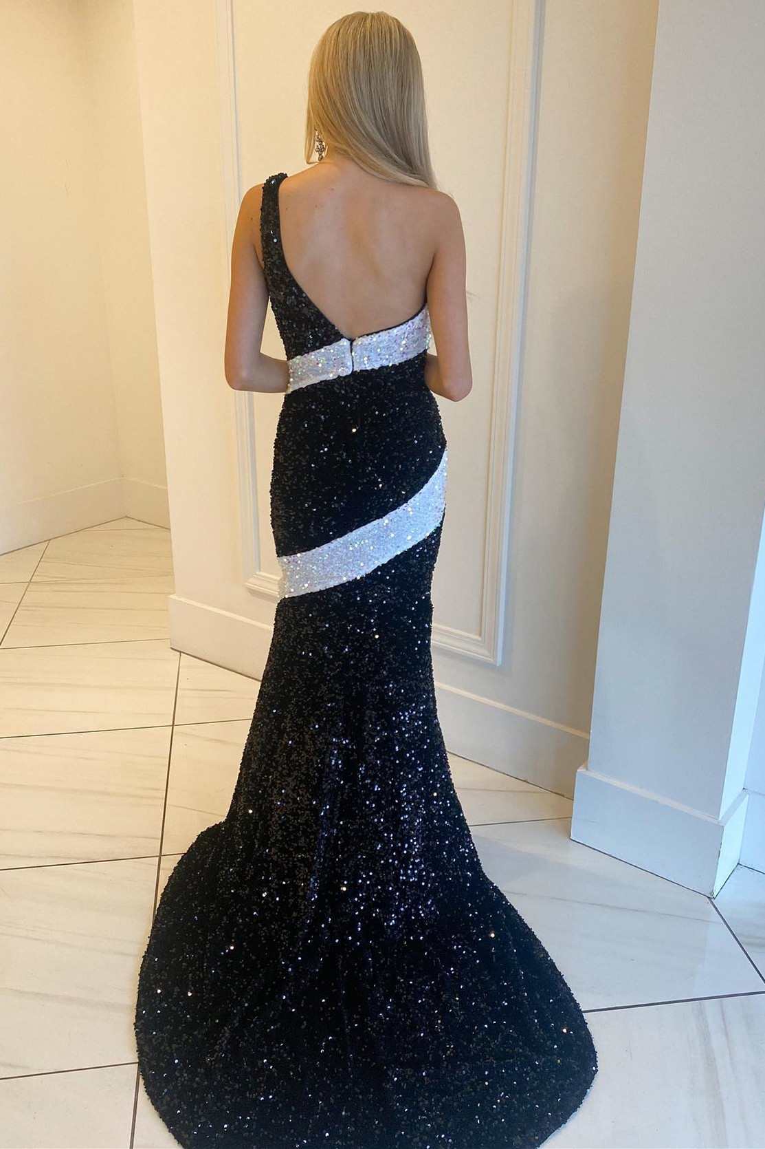 Black and Ivory Prom Dress Sequin One Shoulder Mermaid Long Evening Dress