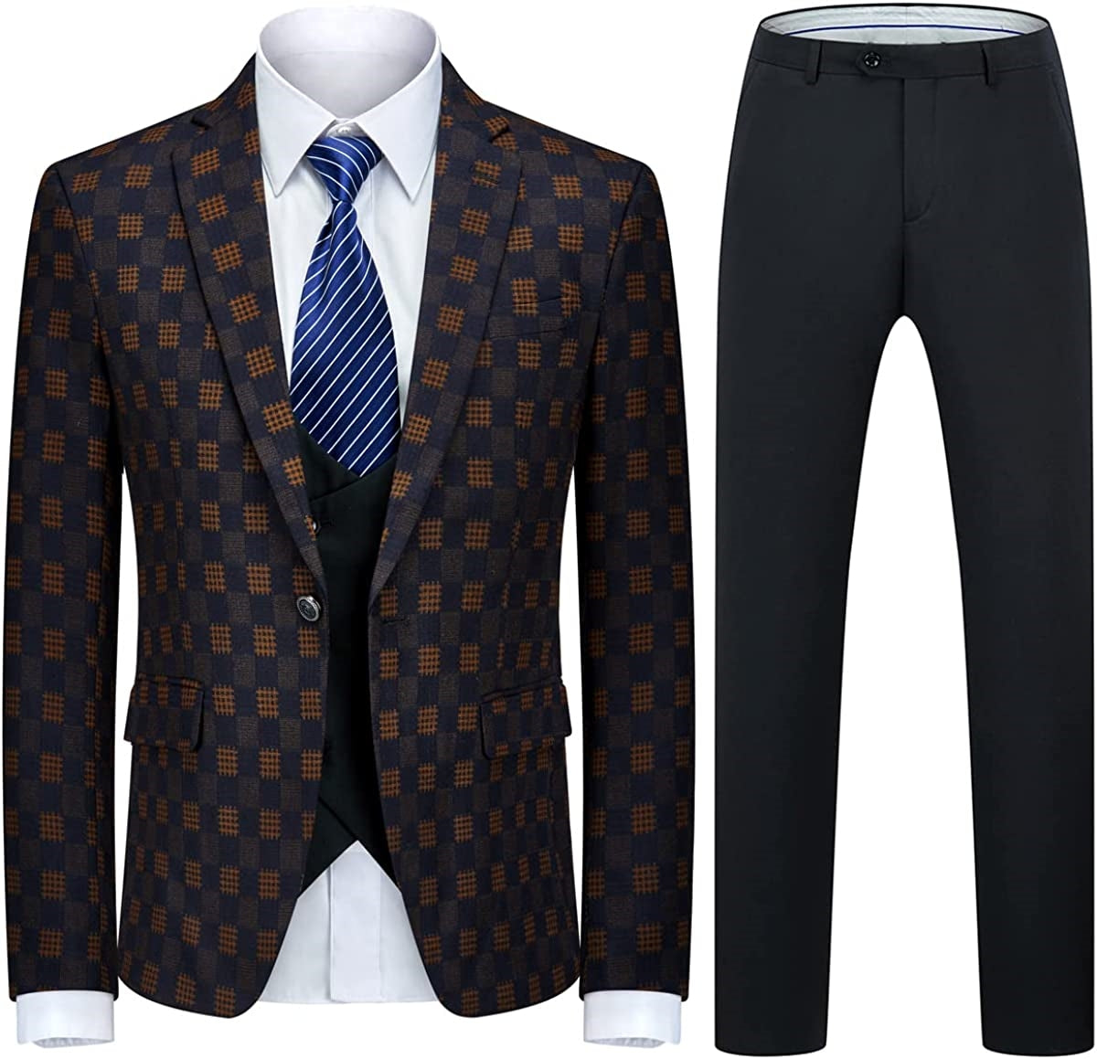 Black and Yellow Plaid Three Piece Business Suit for Men