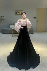 Black/Pink Velvet Formal Dress Long Black Evening Dress
