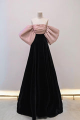Black/Pink Velvet Formal Dress Long Black Evening Dress