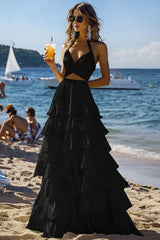 Dressystars Halter Tiered White 2 Piece Ruffled Formal Dress