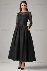 Dressystars Navy Wedding Guest Dress Beaded A Line Long Sleeves Formal Dress With Lace