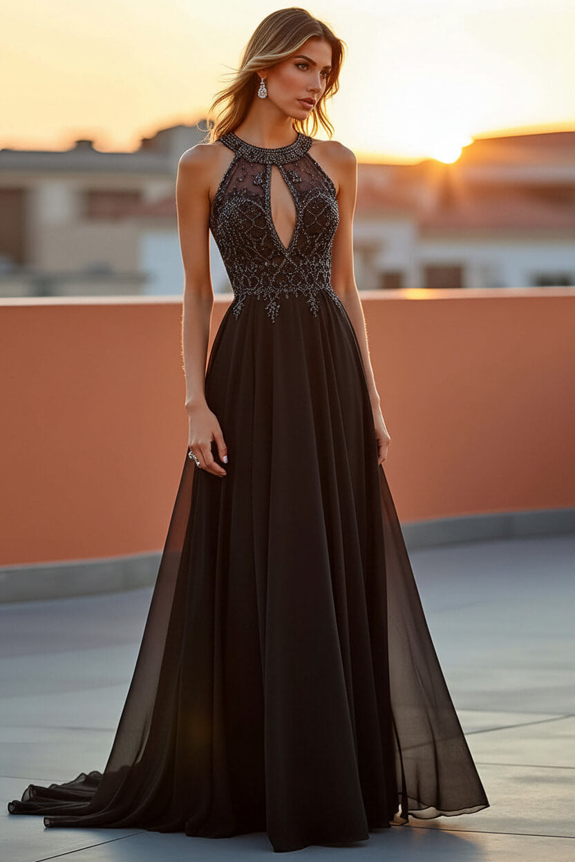Dressystars Beaded Navy Wedding Guest Dress Halter Long Formal Dress With Embroideries