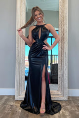 Fuchsia Metallic Mermaid Prom Dress With Slit And Open Back Formal Evening Gown