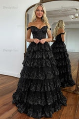 Glitter Hot Pink Corset Off the Shoulder Lace Long Prom Dress
