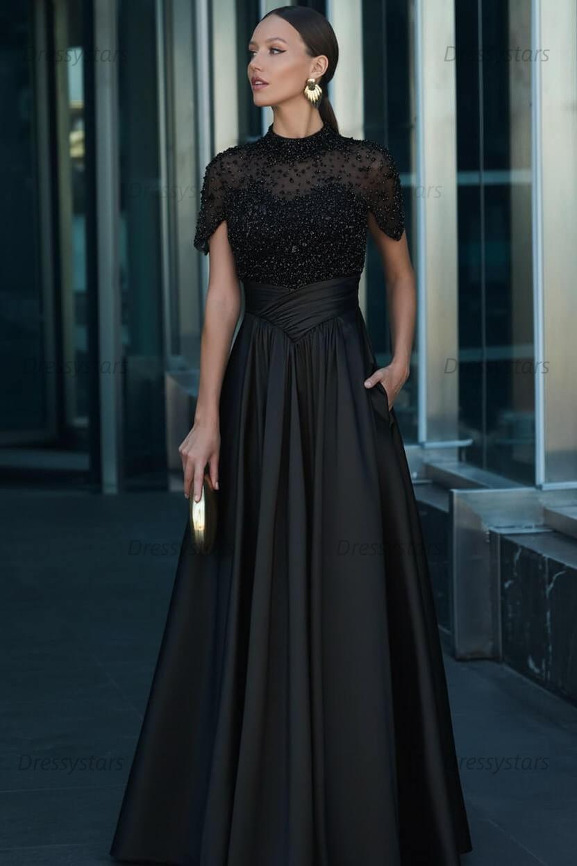 Green A Line Prom Dress Short Sleeve High Neck Formal Dress With Beadings and Rhinestones