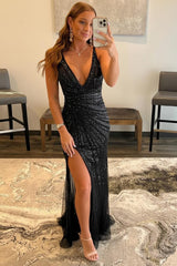 Golden Prom Dress V Neck Sequined Long Evening Dress