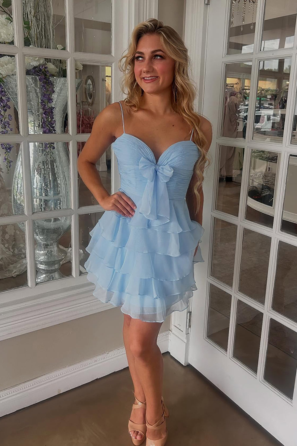 Blue A Line Homecoming Dresses Tiered Ruffled Short Cocktail Dresses With Bow