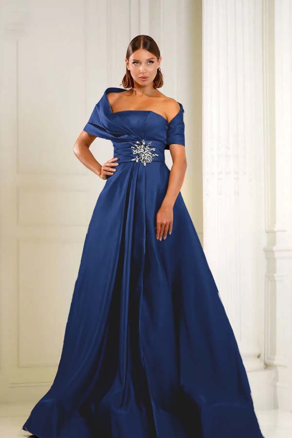 Blue A Line Prom Dress Cap Sleeve Asymmetric Neck Formal Dress With Beadings and Rhinestones