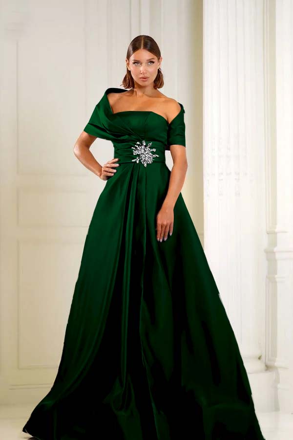 Blue A Line Prom Dress Cap Sleeve Asymmetric Neck Formal Dress With Beadings and Rhinestones