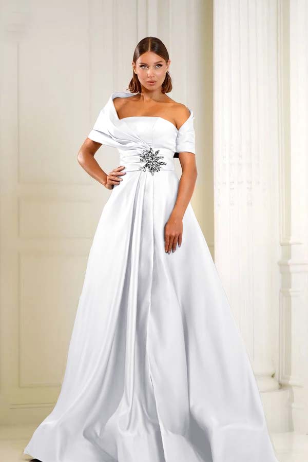 Blue A Line Prom Dress Cap Sleeve Asymmetric Neck Formal Dress With Beadings and Rhinestones
