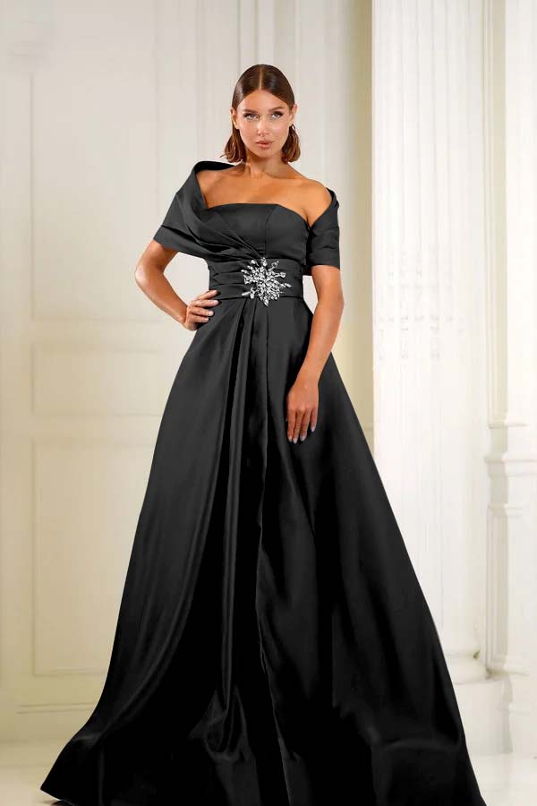 Blue A Line Prom Dress Cap Sleeve Asymmetric Neck Formal Dress With Beadings and Rhinestones