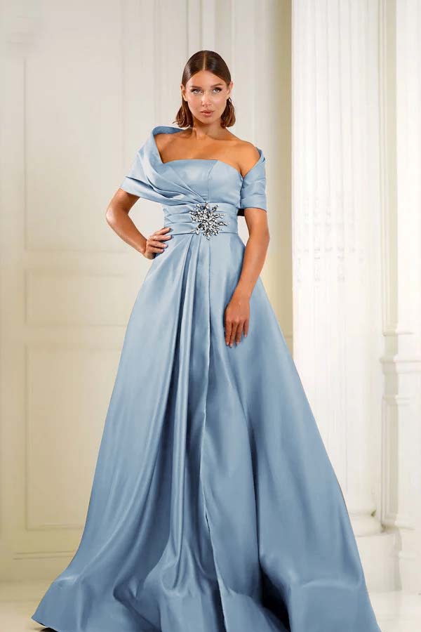 Blue A Line Prom Dress Cap Sleeve Asymmetric Neck Formal Dress With Beadings and Rhinestones