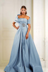 Blue A Line Prom Dress Cap Sleeve Asymmetric Neck Formal Dress With Beadings and Rhinestones