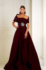 Blue A Line Prom Dress Cap Sleeve Asymmetric Neck Formal Dress With Beadings and Rhinestones