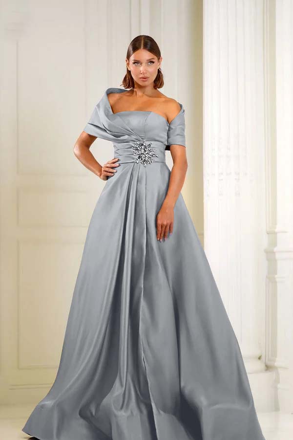 Blue A Line Prom Dress Cap Sleeve Asymmetric Neck Formal Dress With Beadings and Rhinestones