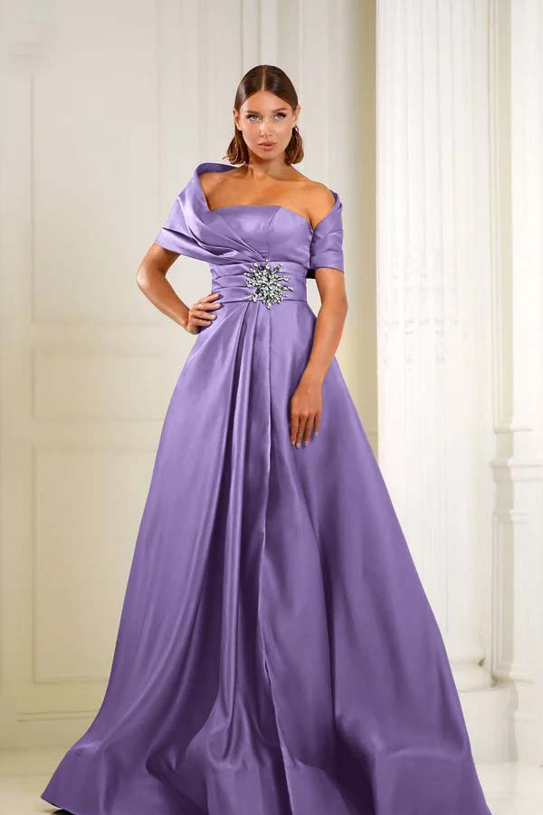 Blue A Line Prom Dress Cap Sleeve Asymmetric Neck Formal Dress With Beadings and Rhinestones