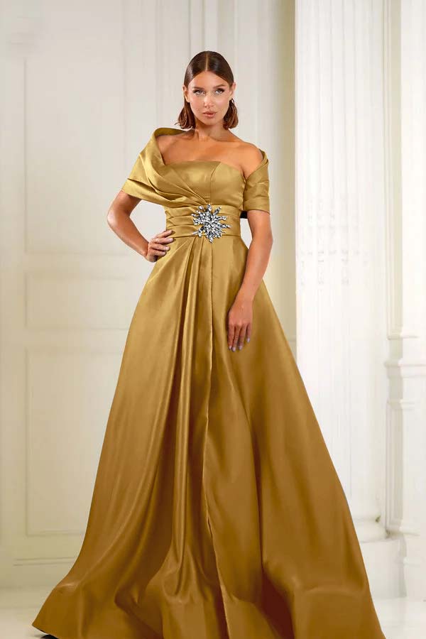 Blue A Line Prom Dress Cap Sleeve Asymmetric Neck Formal Dress With Beadings and Rhinestones