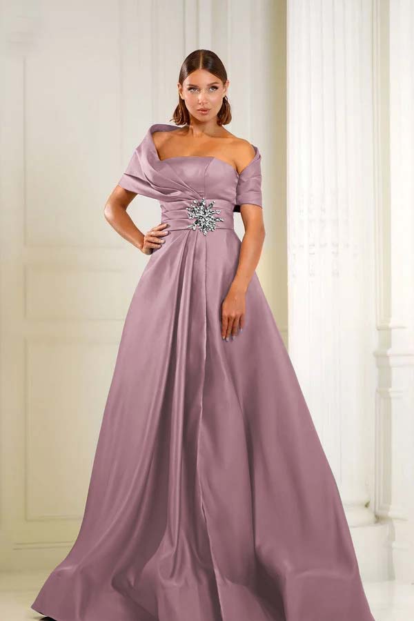 Blue A Line Prom Dress Cap Sleeve Asymmetric Neck Formal Dress With Beadings and Rhinestones