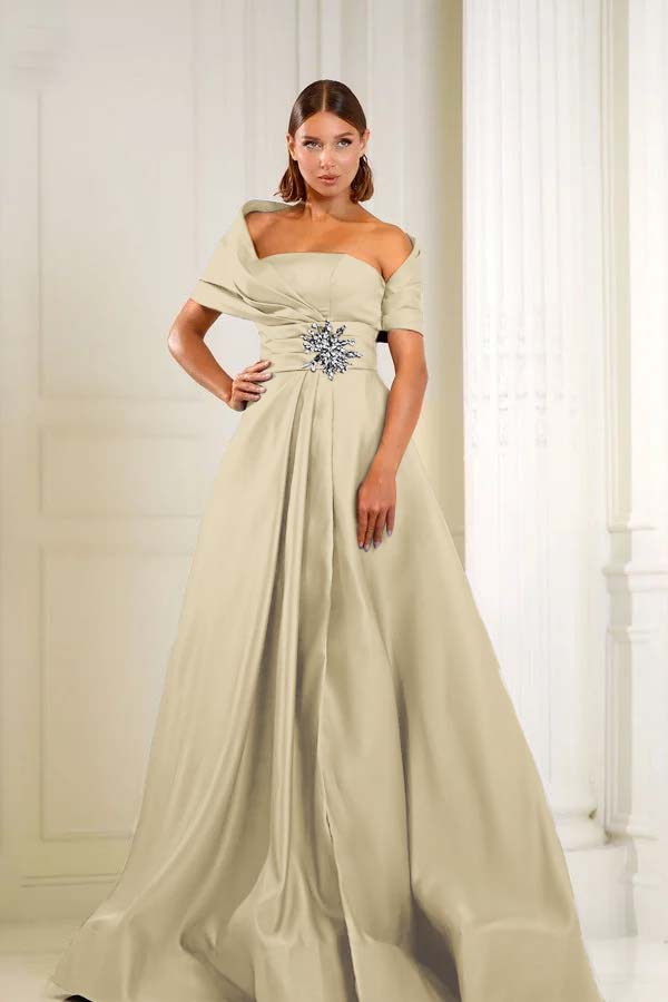 Blue A Line Prom Dress Cap Sleeve Asymmetric Neck Formal Dress With Beadings and Rhinestones