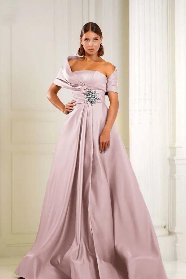 Blue A Line Prom Dress Cap Sleeve Asymmetric Neck Formal Dress With Beadings and Rhinestones