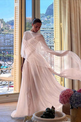 Blue A Line Prom Dress Cap Sleeve Crew Neck Multicolor Formal Dress