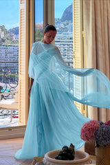 Blue A Line Prom Dress Cap Sleeve Crew Neck Multicolor Formal Dress