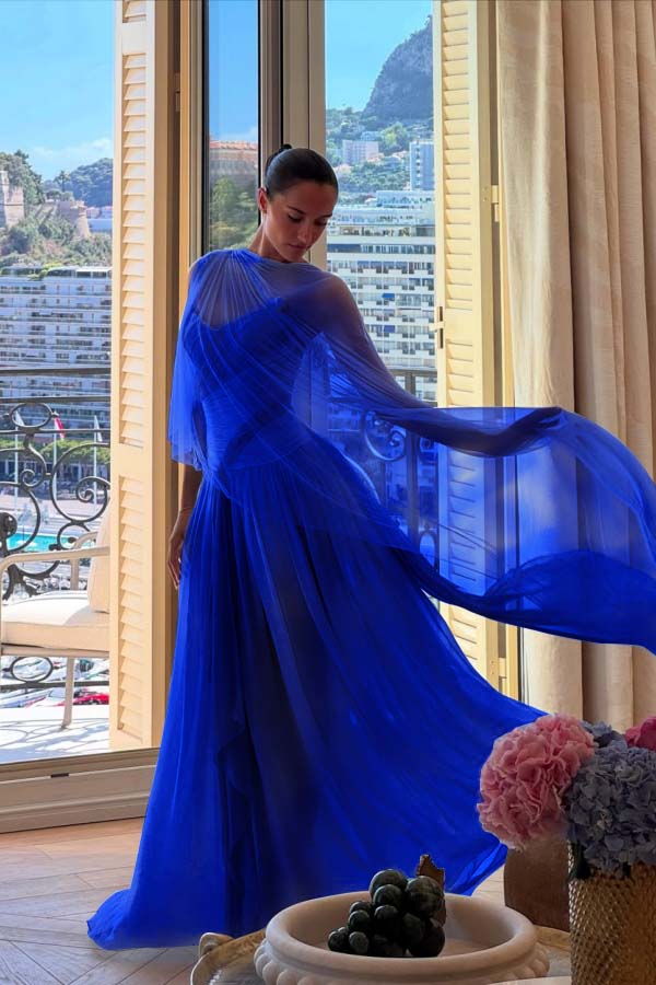Blue A Line Prom Dress Cap Sleeve Crew Neck Multicolor Formal Dress