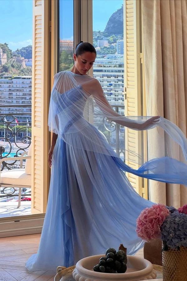 Blue A Line Prom Dress Cap Sleeve Crew Neck Multicolor Formal Dress