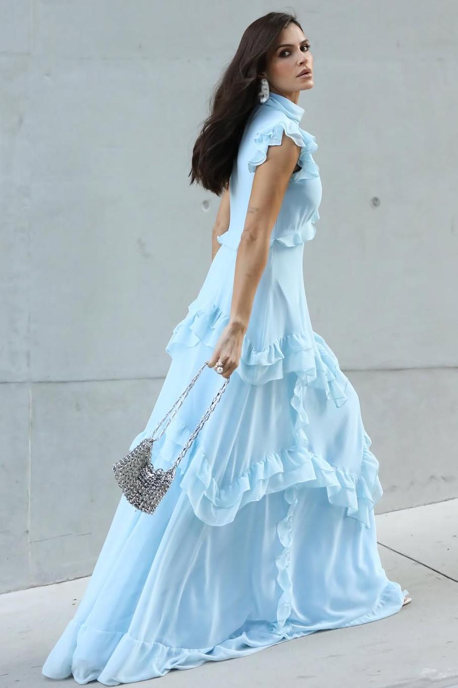 Blue A Line Prom Dress Cap Sleeve High Neck Ruffled Formal Dress