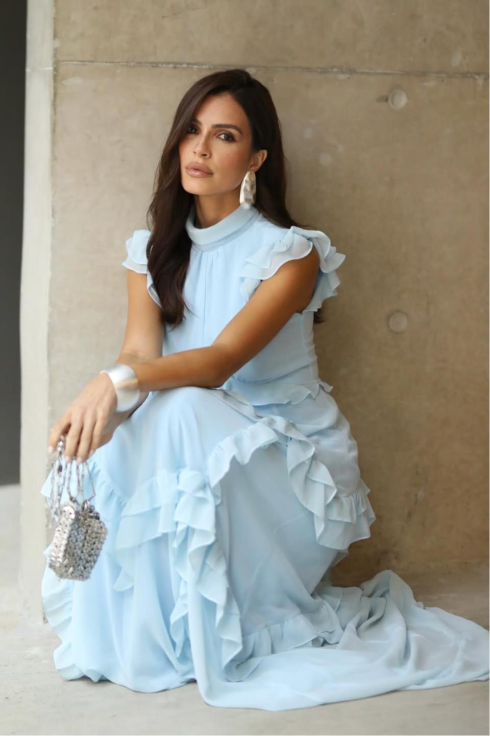 Blue A Line Prom Dress Cap Sleeve High Neck Ruffled Formal Dress