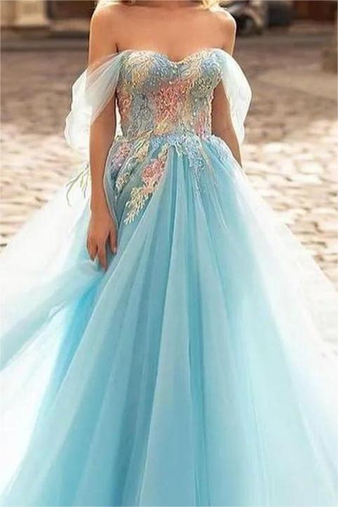 Blue A Line Prom Dress Cap Sleeve Off the Shoulder Formal Dress With Lace Appliques