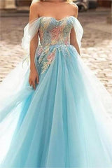 Blue A Line Prom Dress Cap Sleeve Off the Shoulder Formal Dress With Lace Appliques