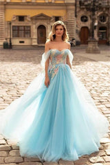 Blue A Line Prom Dress Cap Sleeve Off the Shoulder Formal Dress With Lace Appliques
